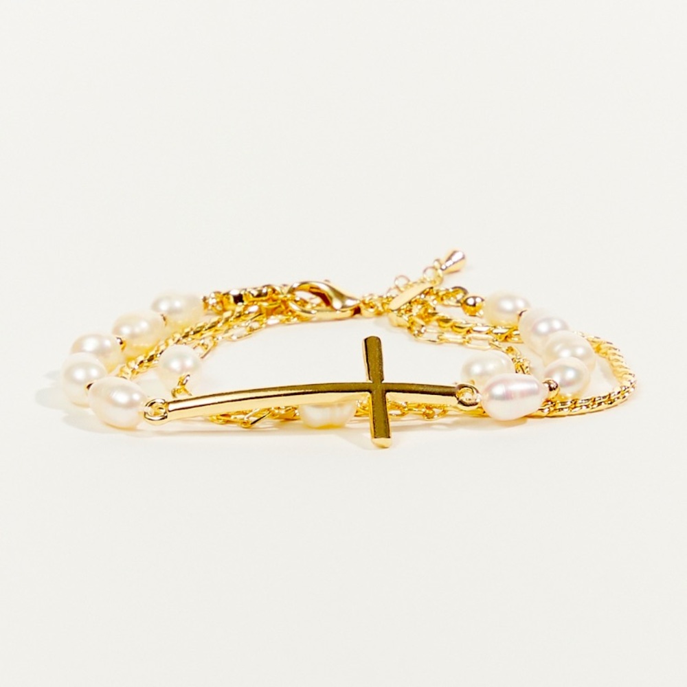 NWT Altar’d State Layered Pearl Faith Cross Bracelet